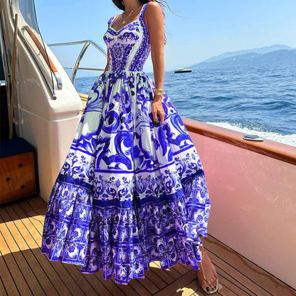 Robe Longue Bohème à Bretelles avec Imprimé Élégant et Jupe Fluide