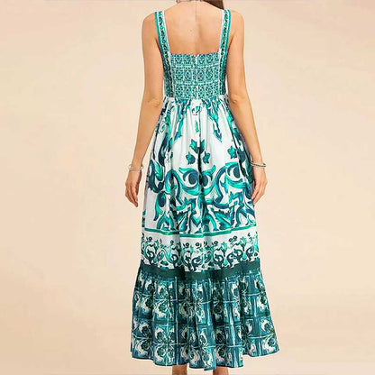 Robe Longue Bohème à Bretelles avec Imprimé Élégant et Jupe Fluide
