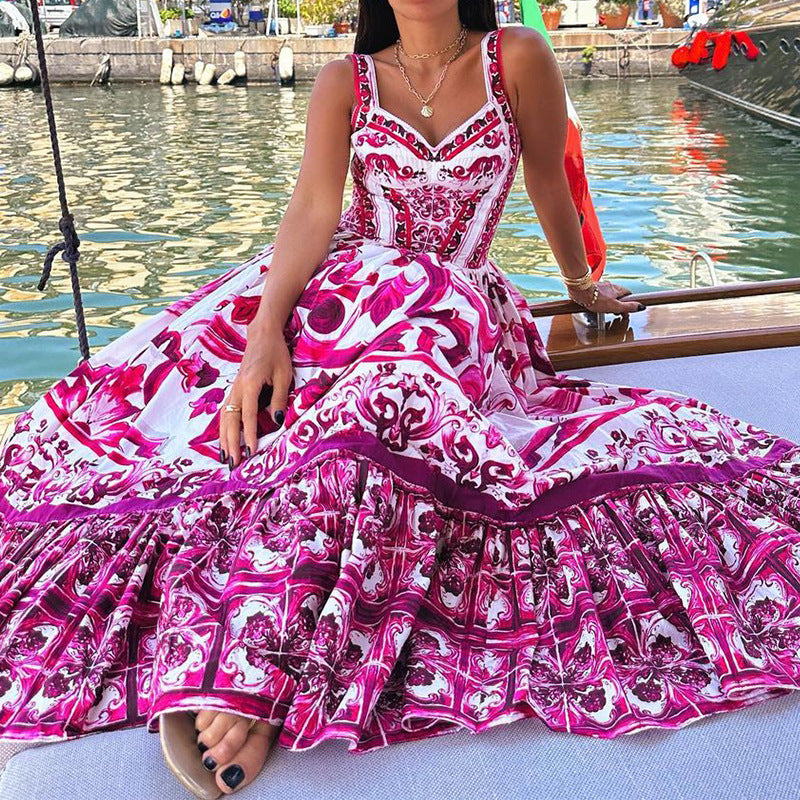 Robe Longue Bohème à Bretelles avec Imprimé Élégant et Jupe Fluide