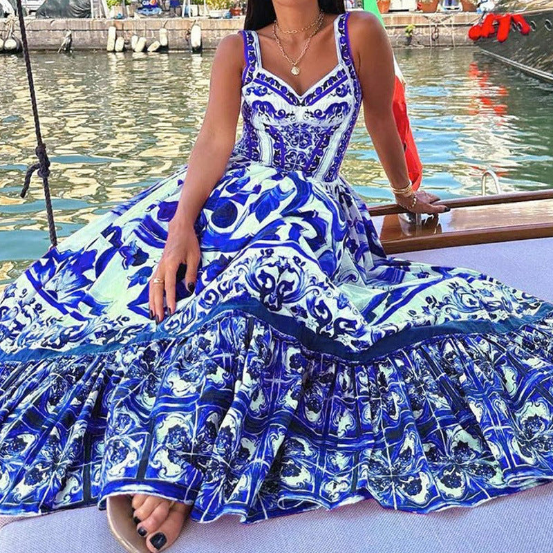 Robe Longue Bohème à Bretelles avec Imprimé Élégant et Jupe Fluide