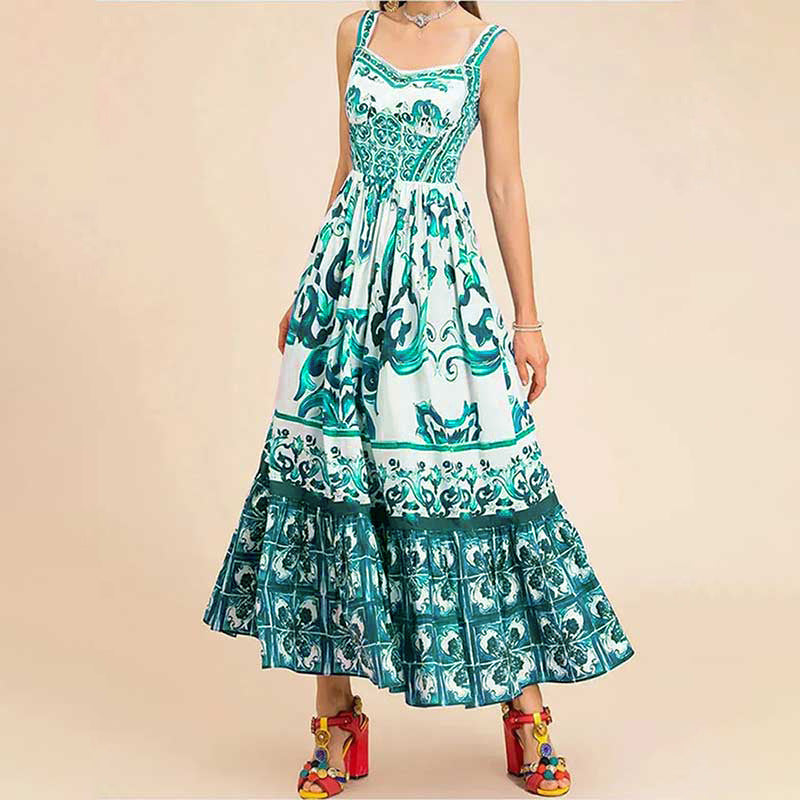 Robe Longue Bohème à Bretelles avec Imprimé Élégant et Jupe Fluide