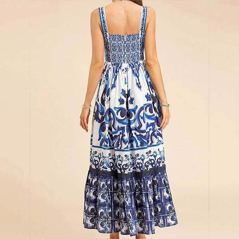 Robe Longue Bohème à Bretelles avec Imprimé Élégant et Jupe Fluide