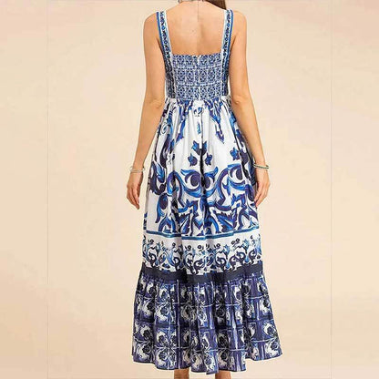 Robe Longue Bohème à Bretelles avec Imprimé Élégant et Jupe Fluide