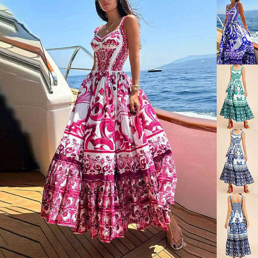 Robe Longue Bohème à Bretelles avec Imprimé Élégant et Jupe Fluide