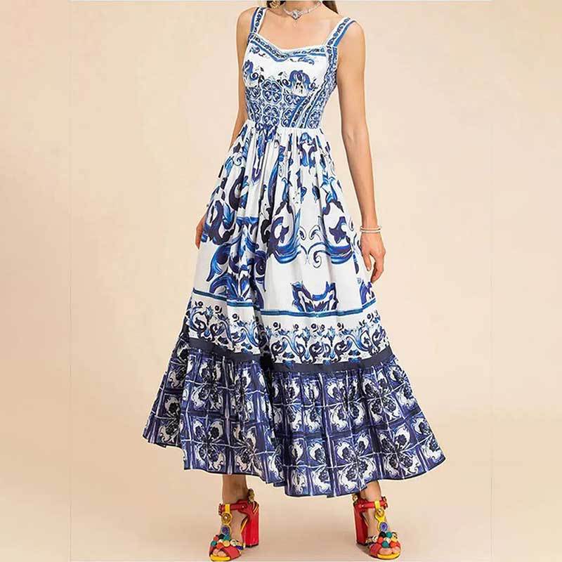 Robe Longue Bohème à Bretelles avec Imprimé Élégant et Jupe Fluide