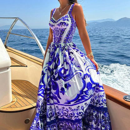 Robe Longue Bohème à Bretelles avec Imprimé Élégant et Jupe Fluide