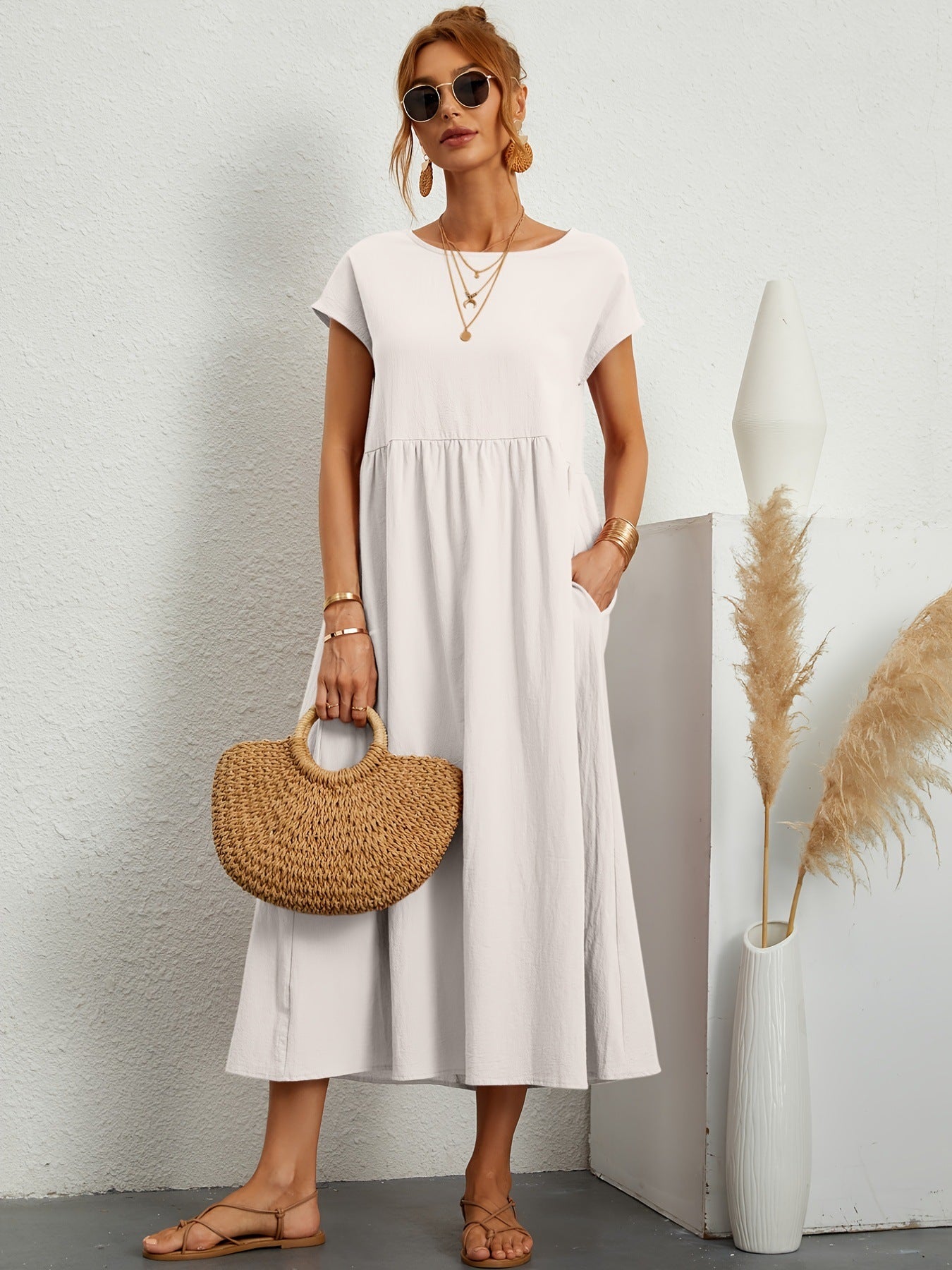Robe Longue Fluide Décontractée avec Poches et Manches Courtes