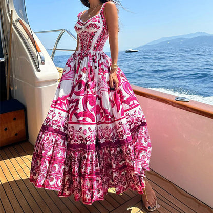 Robe Longue Bohème à Bretelles avec Imprimé Élégant et Jupe Fluide